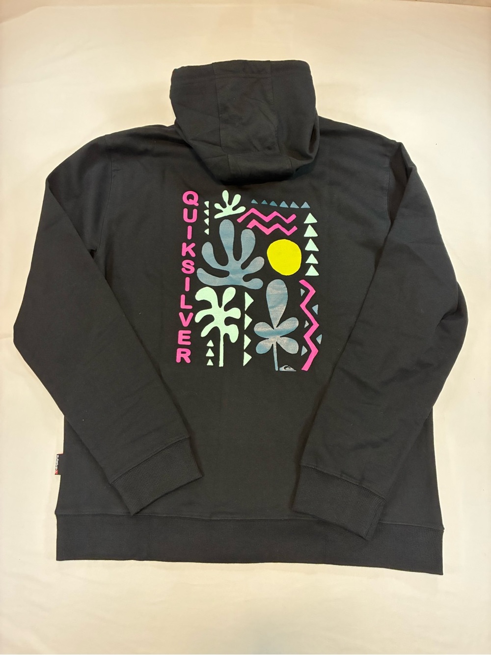 Quiksilver Black Pullover Hoodie with Neon Pink, Yellow & Mint Graphic